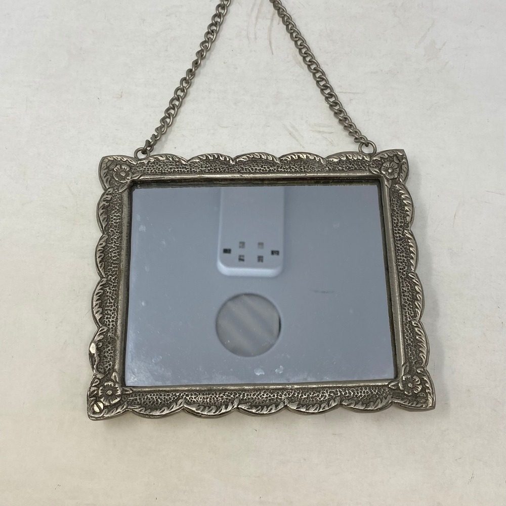 Vintage Silver Tone Ornate Floral Repousse Wall Hanging Mirror with Chain Mount - Picture 2 of 7